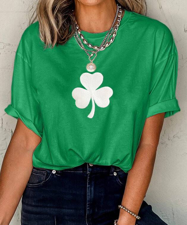 Bright Green Embroidered Clover Pattern St Patrick Tee