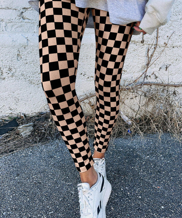 Khaki Checkered Pattern High Waist Skinny Leggings