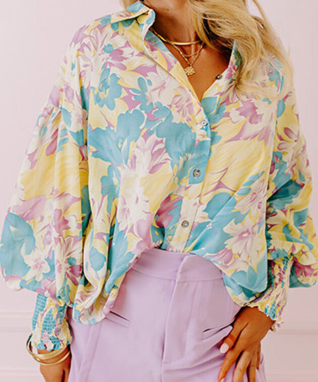 Yellow Floral Allover Print Shirred Cuff Oversized Shirt