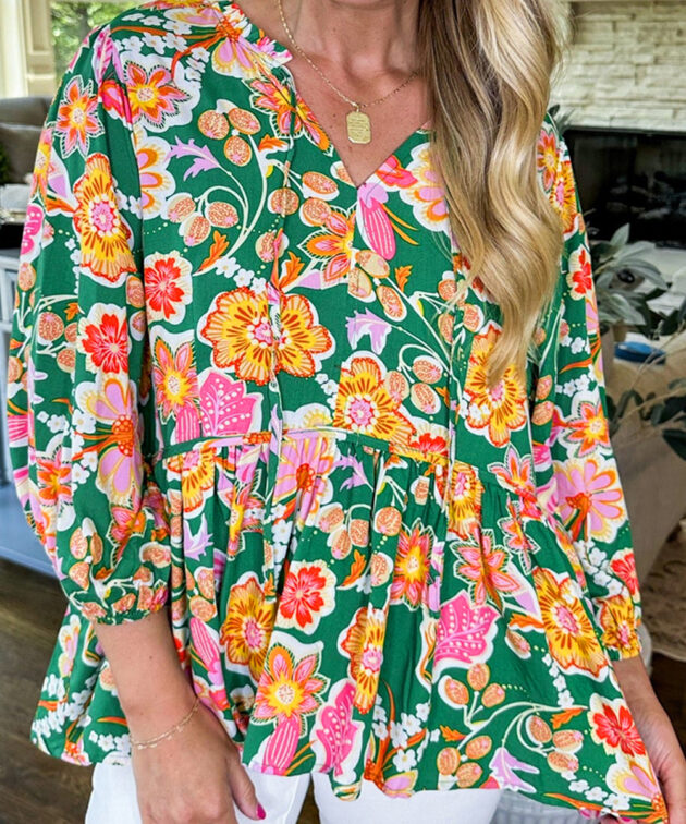 Green Floral Puff Sleeve V Neck Peplum Blouse