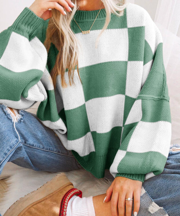 Green Checkered Bishop Sleeve Sweater