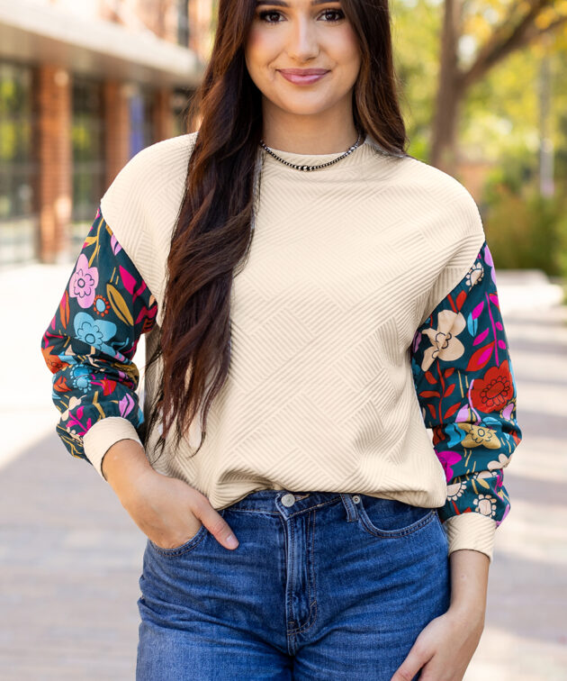 White Contrast Floral Sleeve Textured Drop Shoulder Knit Top