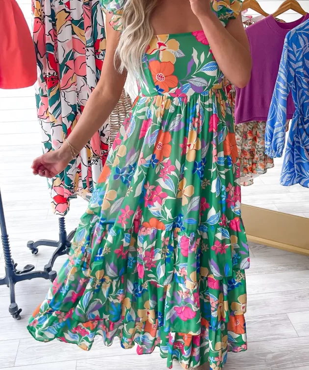 Green Floral Print Sleeveless Ruffle Tiered Maxi Dress