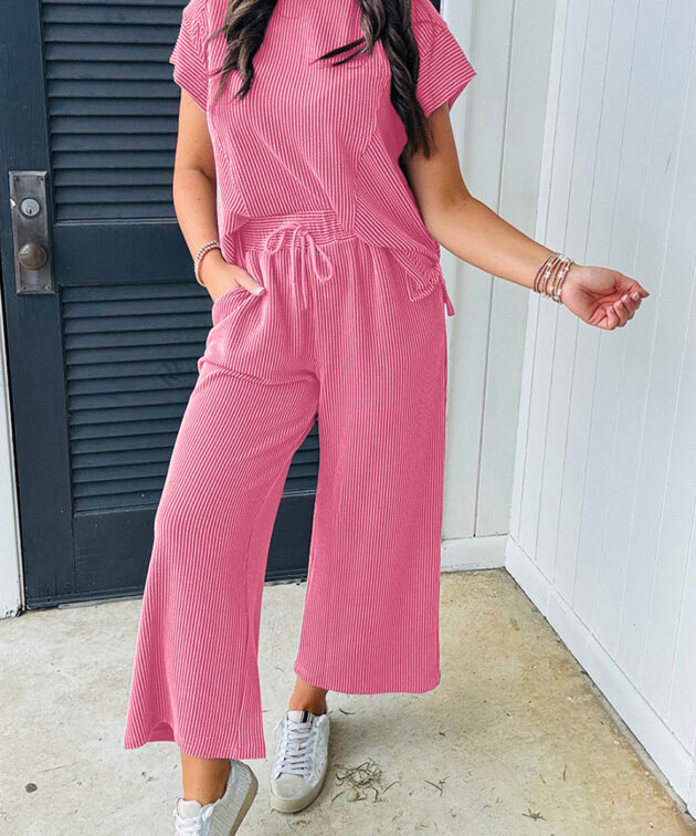 Bright Pink Solid Corded Knit Short Sleeve T Shirt and Wide Leg Pants Set
