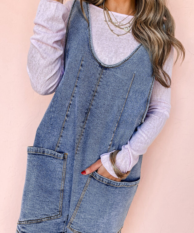 Dusk Blue Sleeveless U Neck Patched Pocket Denim Romper