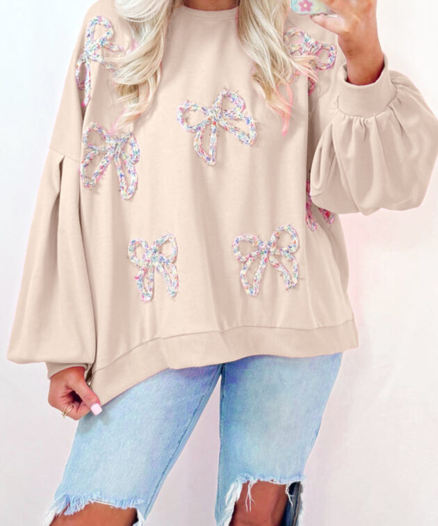 Parchment Embroidered Bow Lantern Sleeve Oversized Pullover Sweatshirt