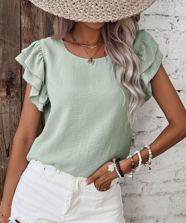 Clearly Aqua Solid Color Ruffled Short Sleeve Casual Blouse
