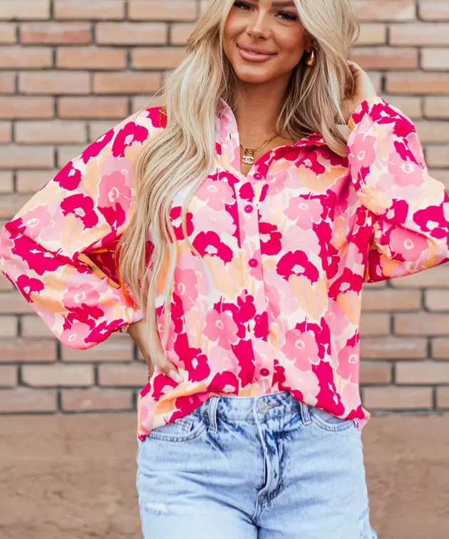 Pink Blooming Floral Print Puff Sleeve Buttoned Shirt