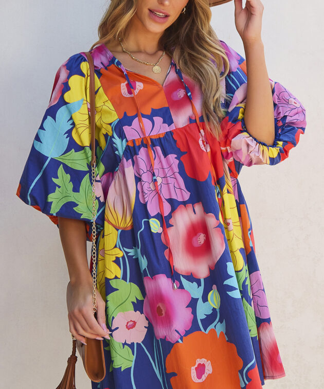 Dark Blue Floral Print Split Neck Babydoll Dress