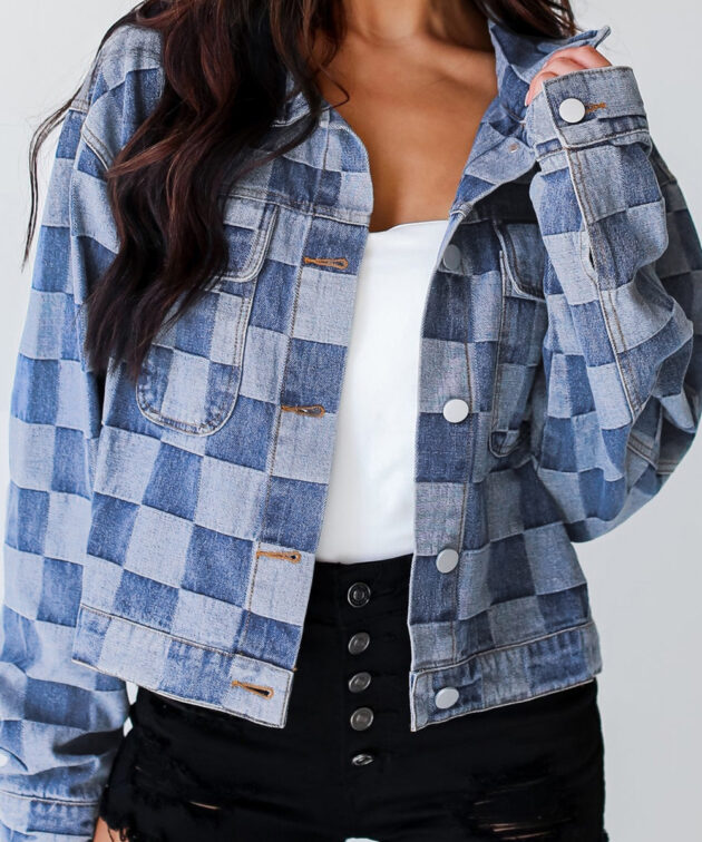 Light Blue Checkered Patchwork Button up Denim Jacket