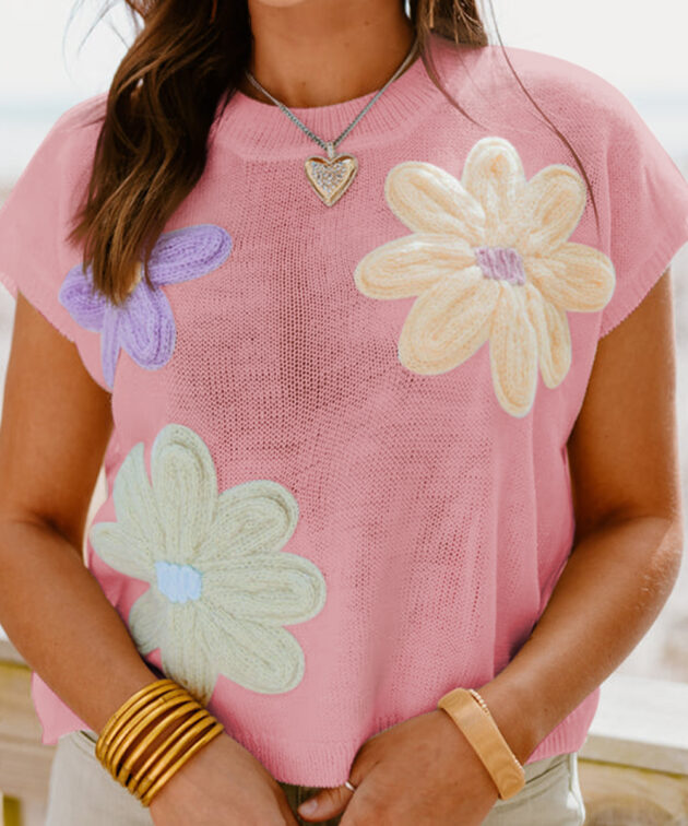 Pink Multi Crochet Flower Knit Short Sleeve Sweater Top