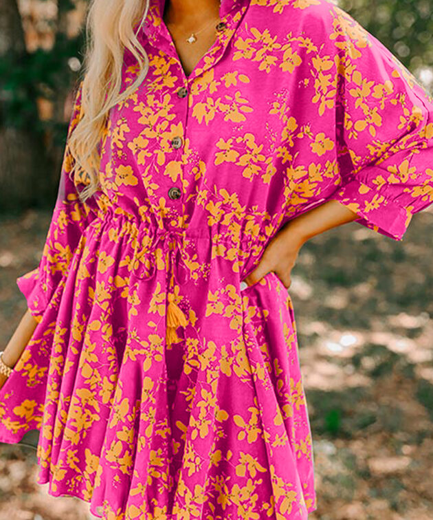 Pink Floral Print Drawstring Tunic Flowy Short Dress