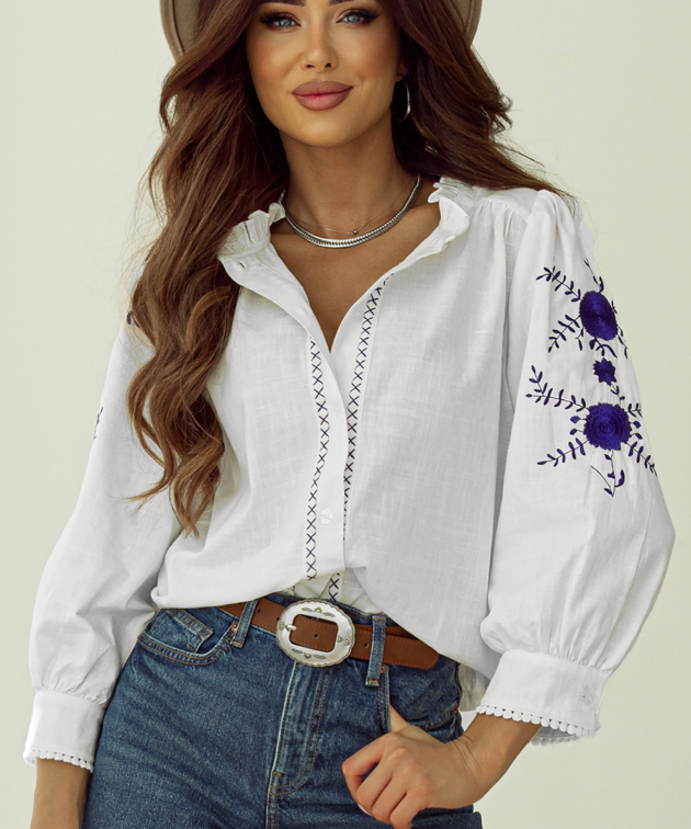 White Floral Embroidered Bracelet Sleeve Shirt