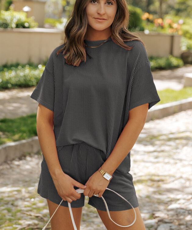 Carbon Grey Ribbed Textured Knit Loose Fit Tee and Shorts Set