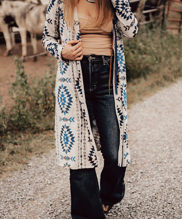 Sky Blue Western Aztec Printed Open Front Long Cardigan