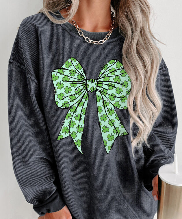 Gray Clover Bowknot Graphic Corded Pullover Sweatshirt