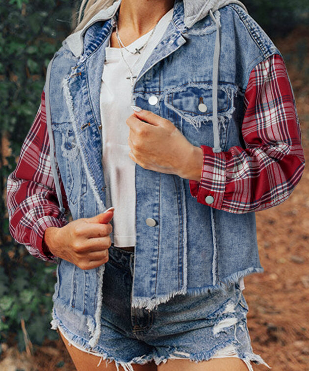 Beau Blue Plaid Print Patchwork Hooded Raw Hem Denim Jacket