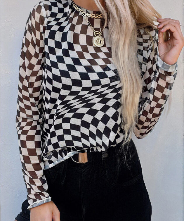 Black Checkered Pattern Mesh Mock Neck Long Sleeve Top