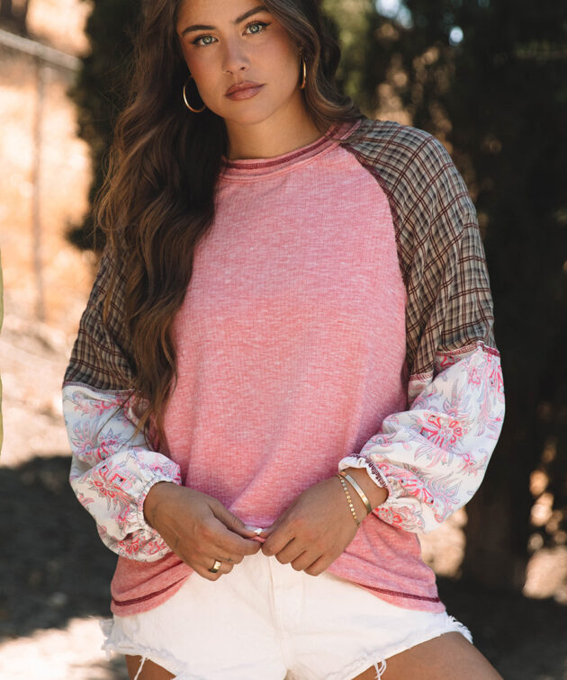 Fushia Mixed Print Raglan Sleeve Ribbed Knit Patchwork Blouse