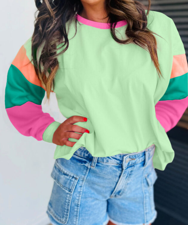 Green Colorblock Patchwork Long Sleeve Loose Top