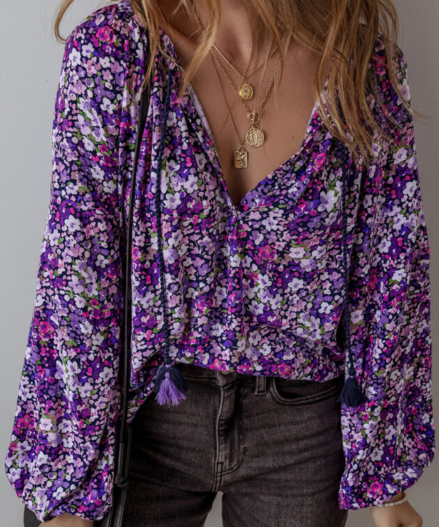 Purple Boho Flower Split V Neck Bubble Sleeve Blouse