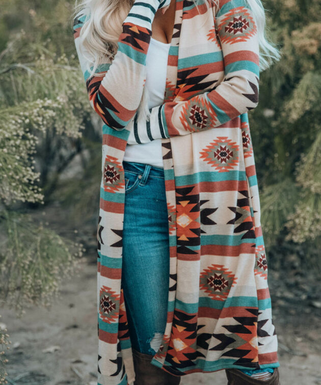 Multicolor Geometric Color Block Open Front Long Cardigan