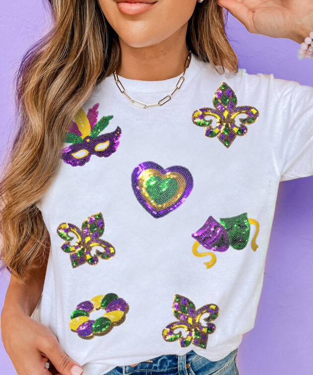 White Sequined Mardi Gras Symbolic Pattern Casual Tee