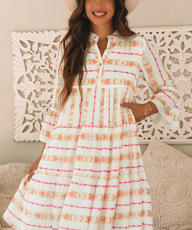 Orange Bohemian Printed Bracelet Sleeve Slit Neck Ruffled Loose Dress