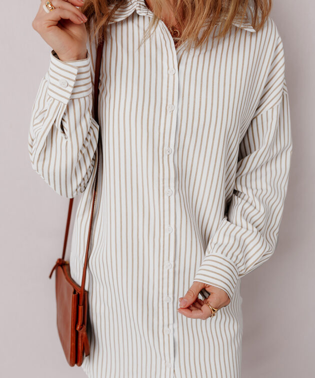 Khaki Stripe Long Sleeve Button Up Mini Shirt Dress