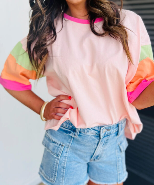 Pink Color Block Stitching Sleeve Round Neck Oversize Top