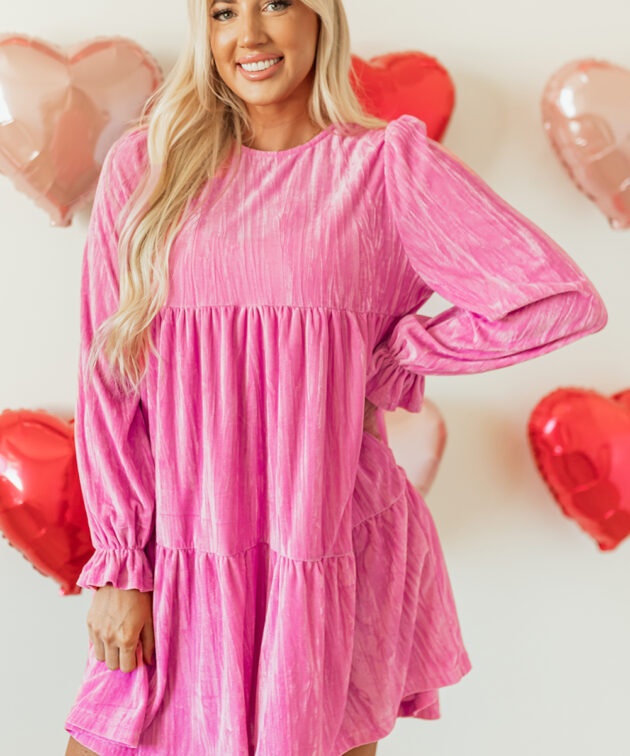 Strawberry Pink Flounce Sleeve Tiered Ruffled Velvet Mini Dress