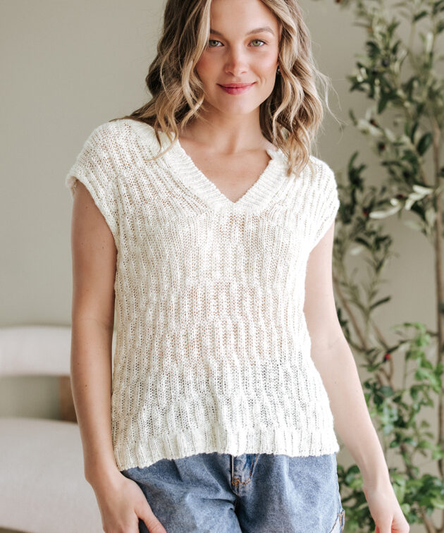 Beige Notched V Neck Short Sleeve Sweater