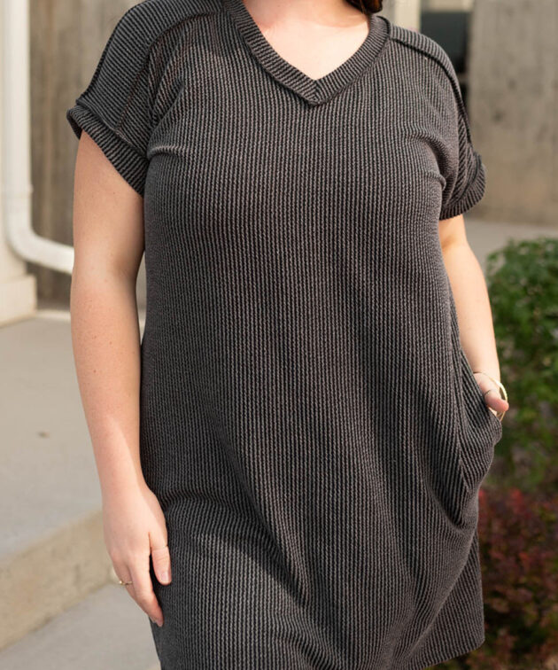Carbon Grey Corded V Neck Plus Size T Shirt Dress with Pockets