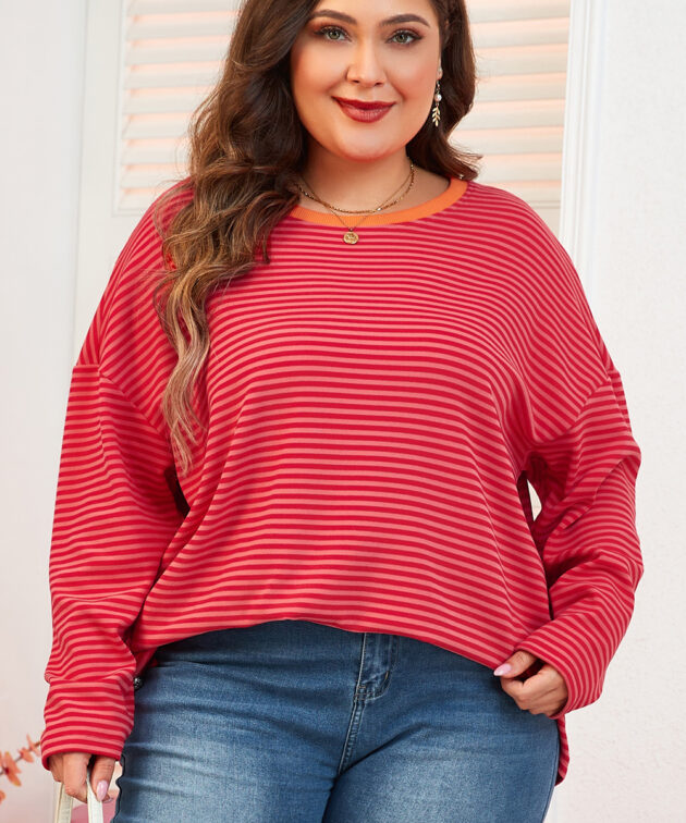 Orange Stripe Plus Size Drop Shoulder Long Sleeve Buttoned Decor Top