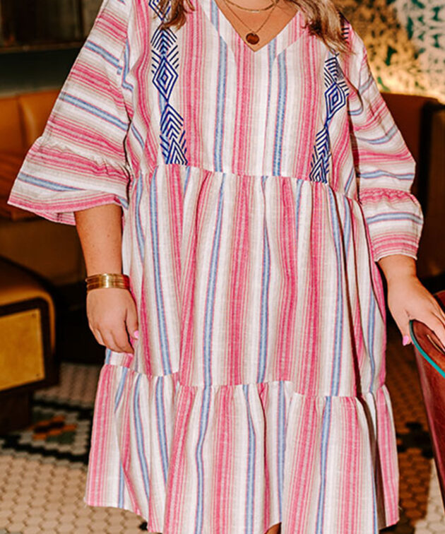 White Stripe Plus Size Embroidered Detail Flared 3/4 Sleeve V Neck Dress