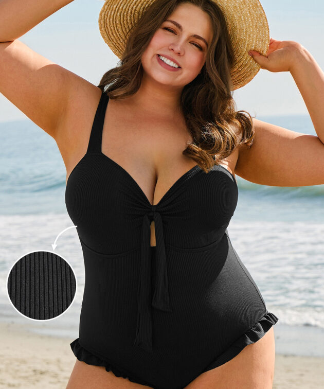 Black Plus Size Textured Knotted Ruffled Trim One Piece Swimwear