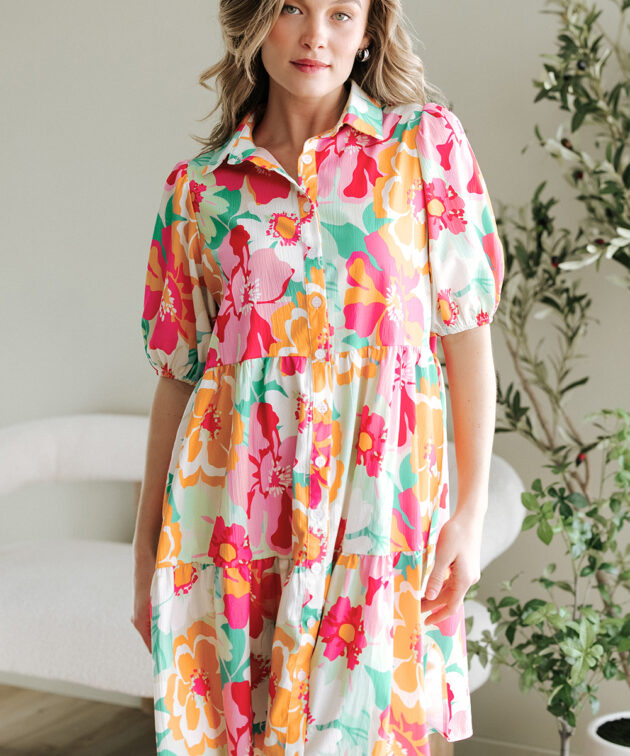 Pink Floral Puff Sleeve Collar Buttoned Babydoll Dress