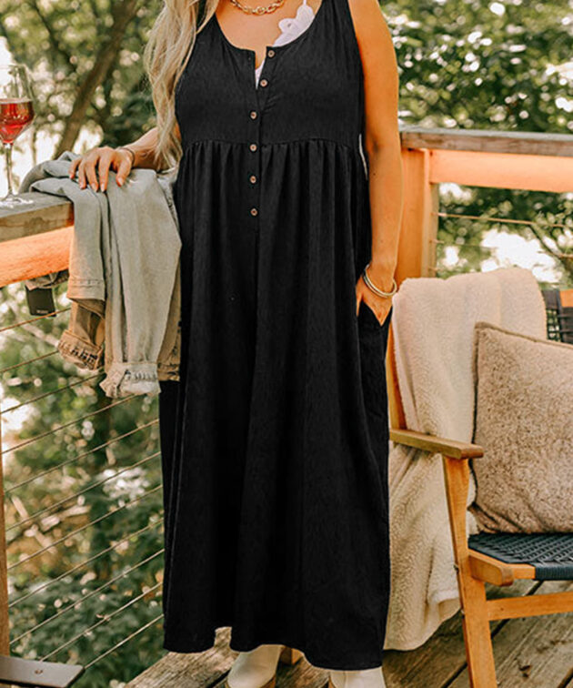 Black Plus Size Sleeveless Button Front Loose Jumpsuit