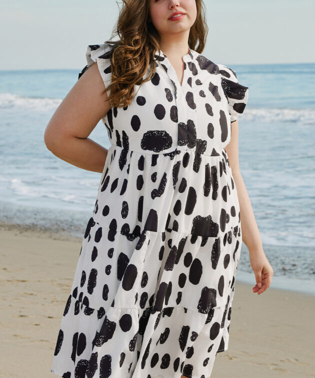 White Polka Dot Print Ruffled Sleeve Pocketed Plus Size Midi Dress