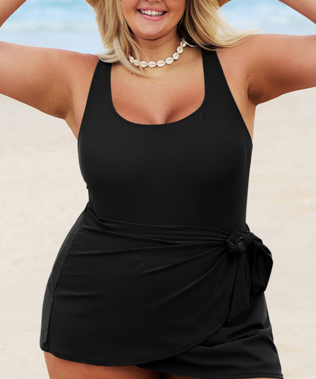 Black Solid Color Square Neck Knotted Plus Size One Piece Swimsuit