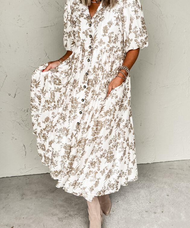 Khaki Floral Puff Sleeve V Neck Buttoned Front Maxi Dress