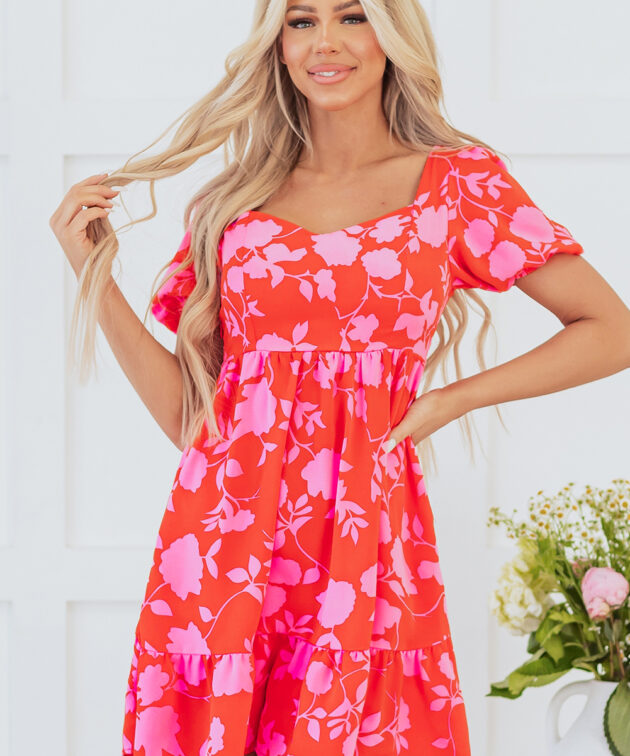 Red Floral Bubble Sleeve Sweetheart Neck Ruffled Mini Dress
