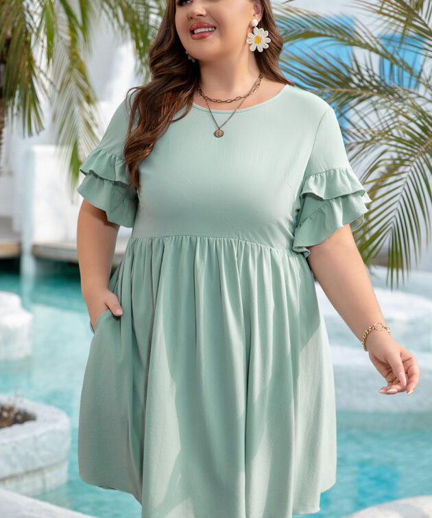Grass Green Ruffle Trim Short Sleeve Plus Size Flared Mini Dress