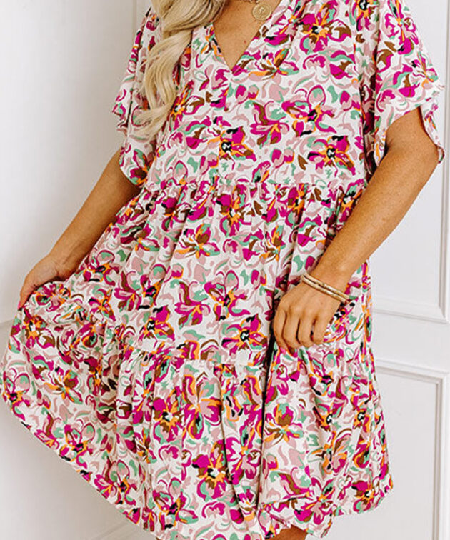 White Abstract Print V Neck Short Sleeve Ruffled Plus Size Mini Dress