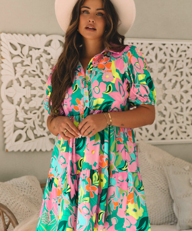 Green Floral Puff Sleeve Collar Buttoned Babydoll Dress