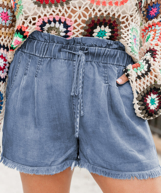 Dusk Blue Raw Hem Lace-up High Waist Plus Size Denim Shorts