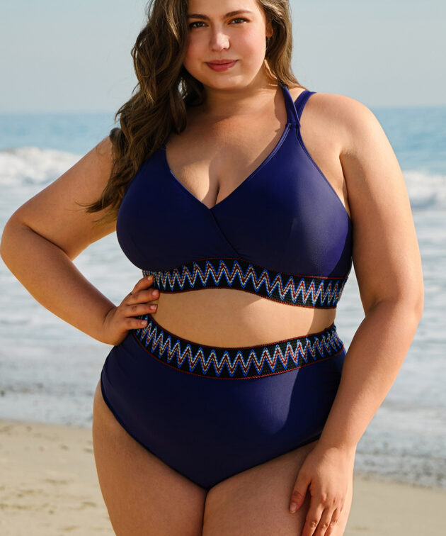 Navy Blue Embroidered Trim Wrap Tie Knot Plus Size High Waisted Bikini
