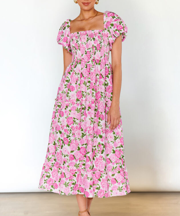 Pink Dainty Floral Smocked Puff Sleeve Flowy Long Dress