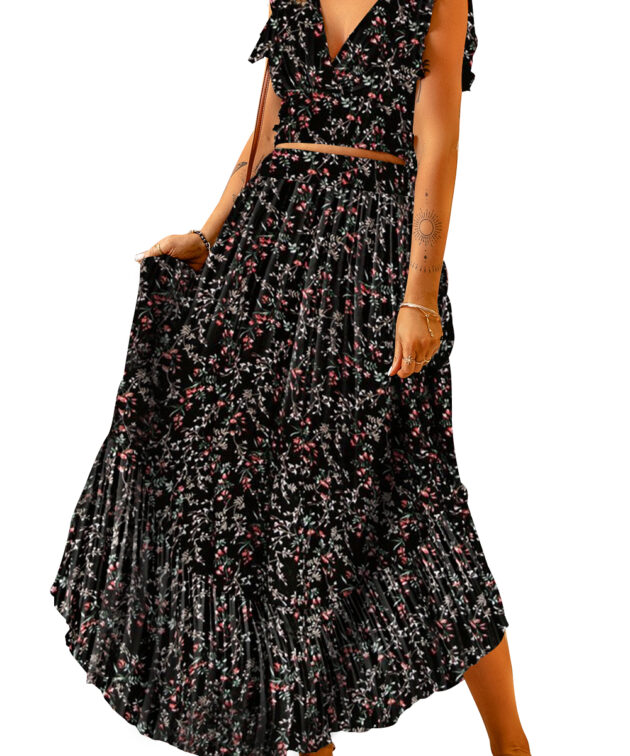 Black Multicolor Floral Ruffled Crop Top and Maxi Skirt Set