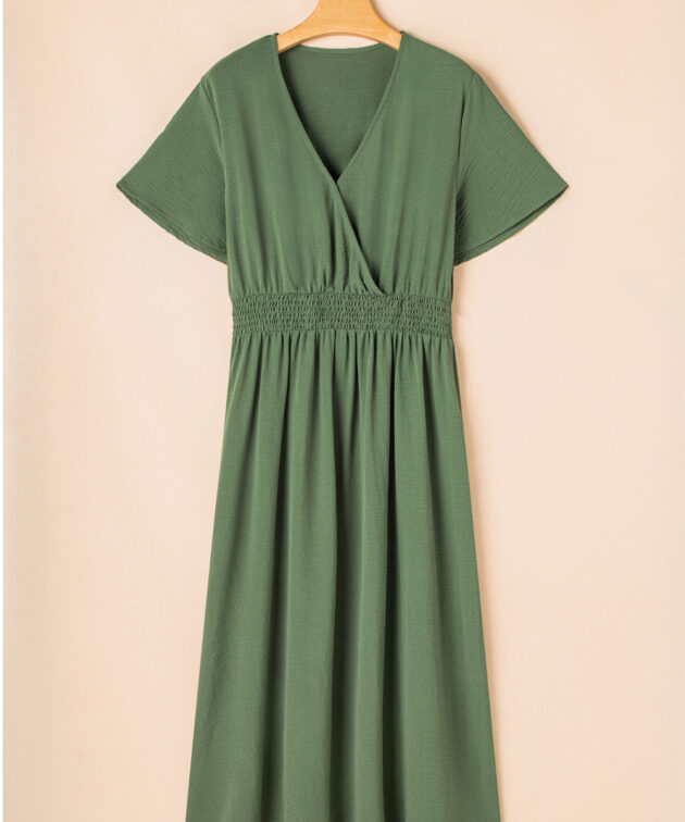 Four Leaf Clover Surplice Neckline Shirred High Waist Plus Size Maxi Dress